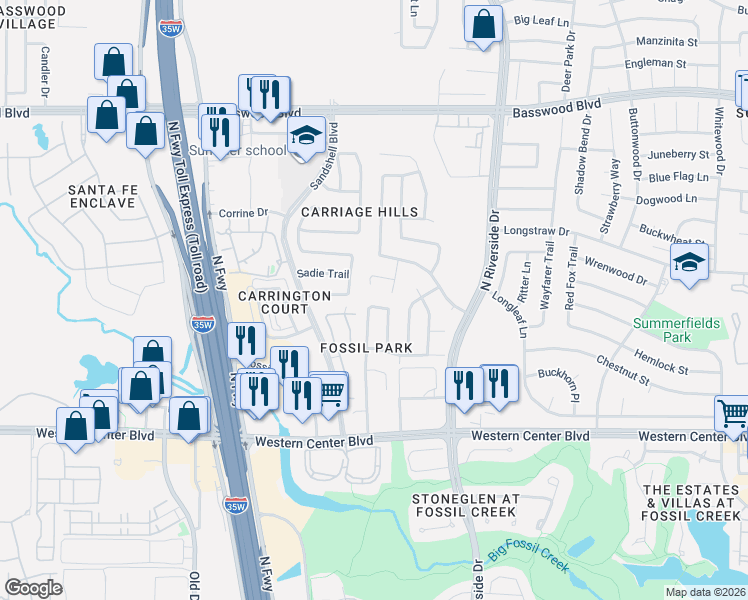 map of restaurants, bars, coffee shops, grocery stores, and more near 6753 Friendsway Drive in Fort Worth