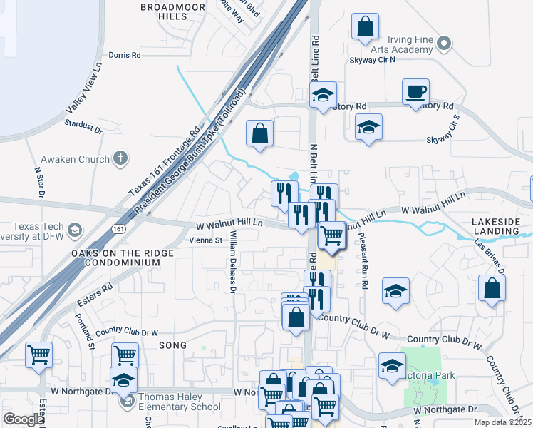 map of restaurants, bars, coffee shops, grocery stores, and more near 3503 West Walnut Hill Lane in Irving