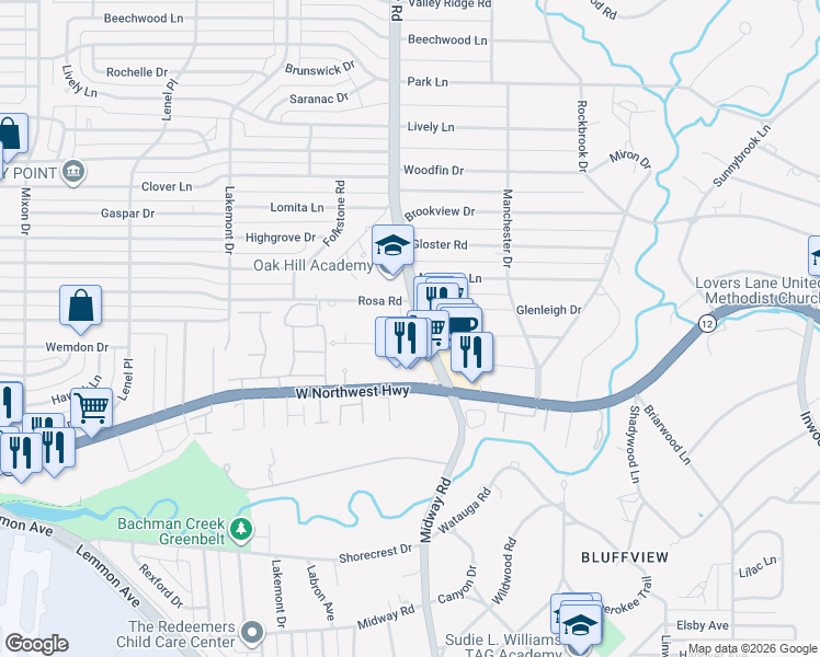 map of restaurants, bars, coffee shops, grocery stores, and more near 4184 Rosa Road in Dallas