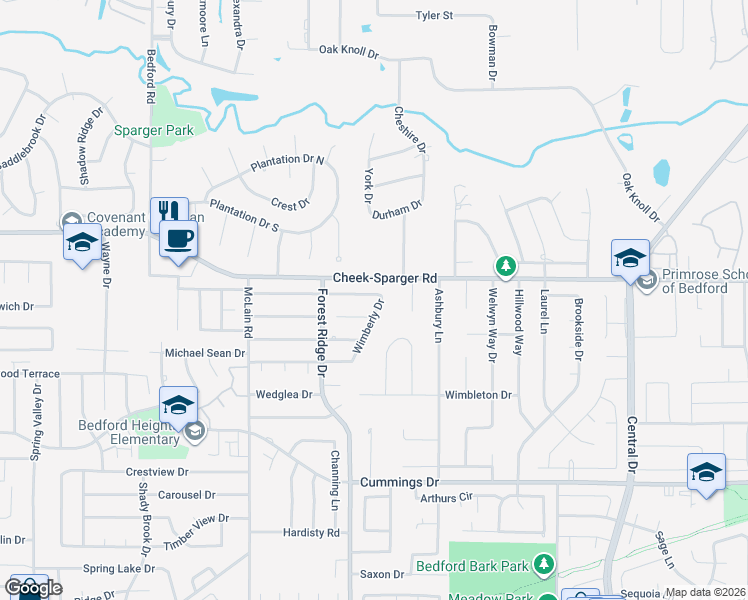 map of restaurants, bars, coffee shops, grocery stores, and more near 1508 Woodvale Drive in Bedford