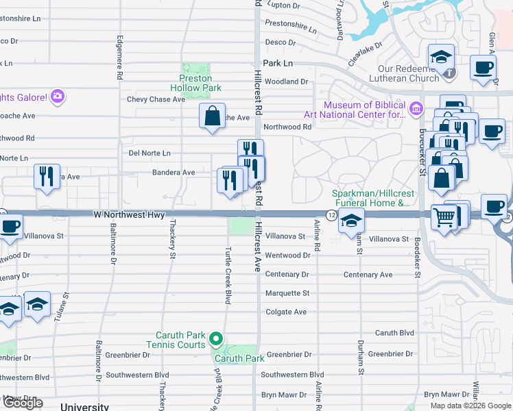 map of restaurants, bars, coffee shops, grocery stores, and more near 6405 Hillcrest Road in Dallas