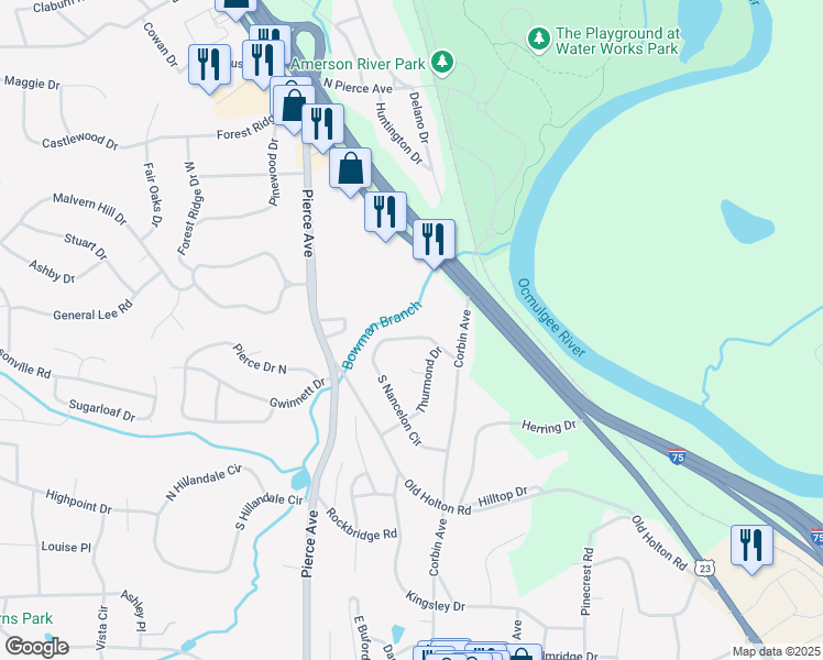 map of restaurants, bars, coffee shops, grocery stores, and more near 2543 North Nancelon Circle in Macon