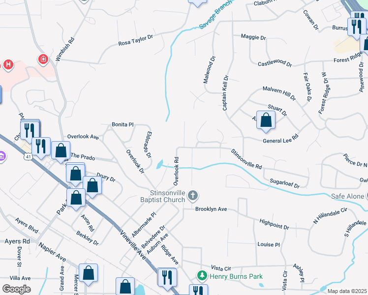 map of restaurants, bars, coffee shops, grocery stores, and more near 1091 Overlook Road in Macon