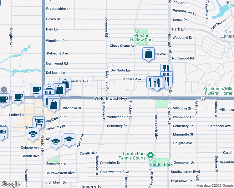 map of restaurants, bars, coffee shops, grocery stores, and more near 8523 Thackery Street in Dallas