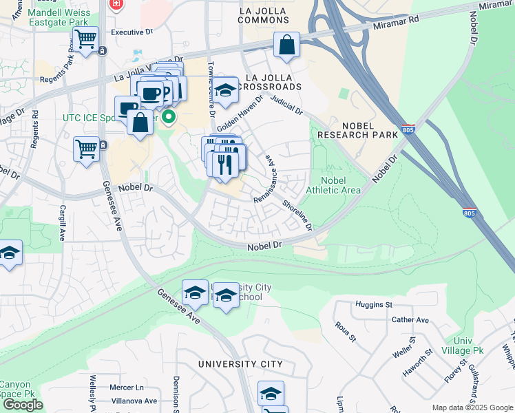 map of restaurants, bars, coffee shops, grocery stores, and more near 5212 Renaissance Avenue in San Diego
