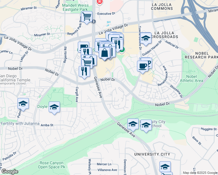 map of restaurants, bars, coffee shops, grocery stores, and more near 4435 Nobel Drive in San Diego