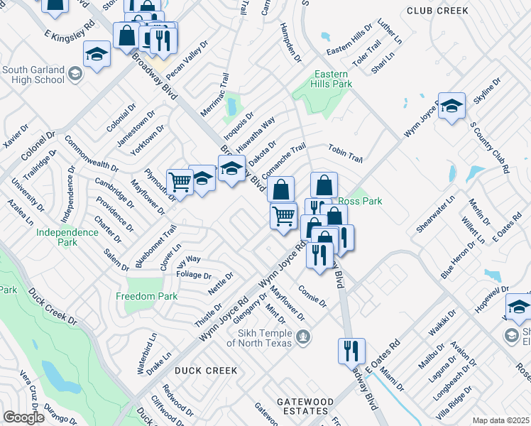 map of restaurants, bars, coffee shops, grocery stores, and more near 3909 Broadway Boulevard in Garland