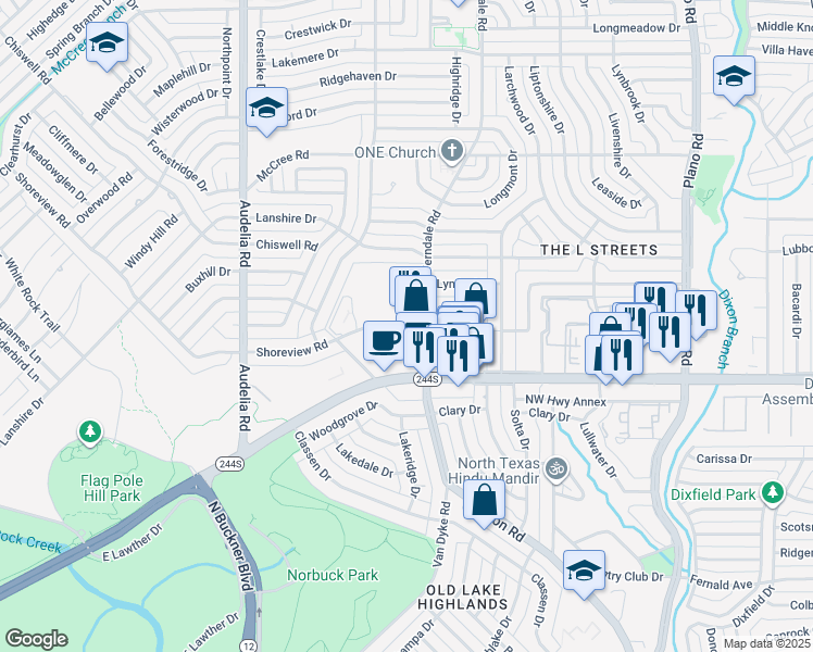 map of restaurants, bars, coffee shops, grocery stores, and more near 10163 Shoreview Road in Dallas