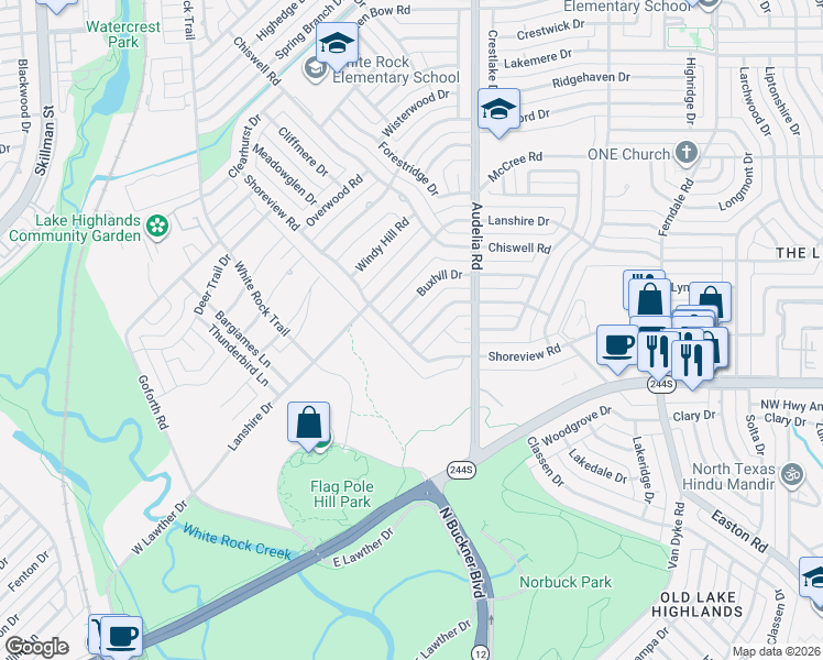 map of restaurants, bars, coffee shops, grocery stores, and more near 9627 Shadydale Lane in Dallas