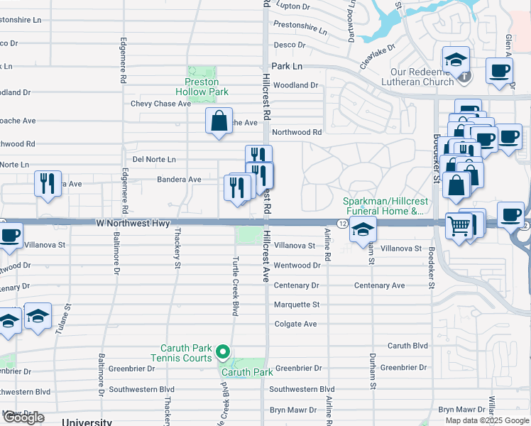 map of restaurants, bars, coffee shops, grocery stores, and more near 8611 Hillcrest Road in Dallas