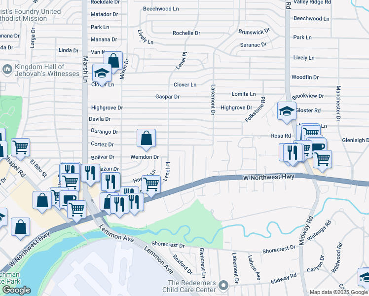 map of restaurants, bars, coffee shops, grocery stores, and more near 3933 Cortez Drive in Dallas