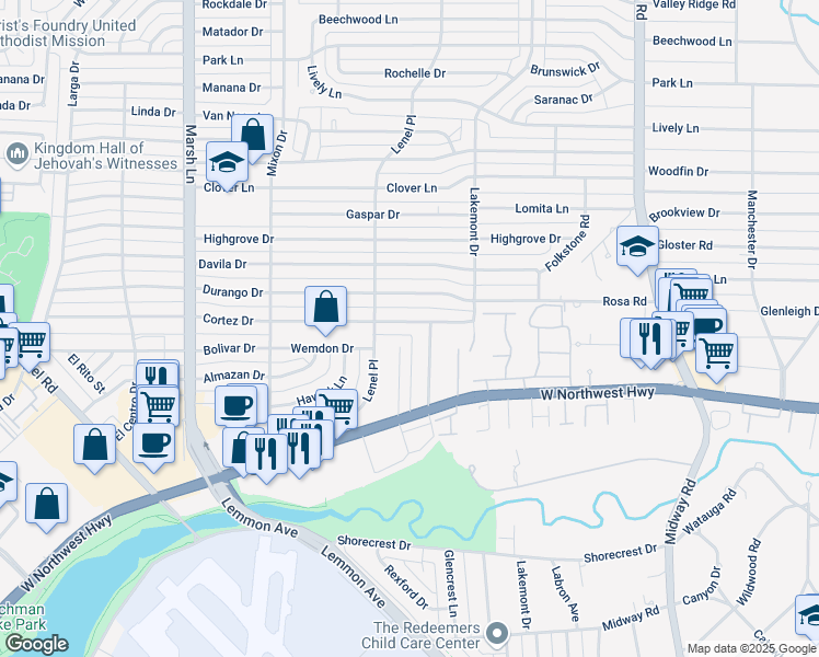 map of restaurants, bars, coffee shops, grocery stores, and more near 3933 Cortez Drive in Dallas