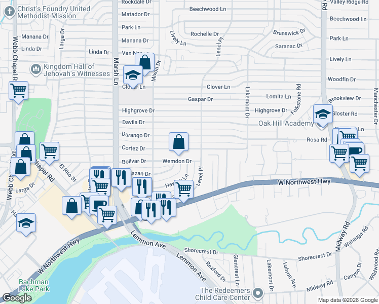 map of restaurants, bars, coffee shops, grocery stores, and more near 3859 Cortez Drive in Dallas