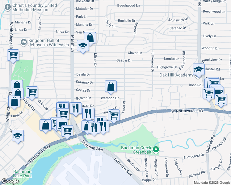 map of restaurants, bars, coffee shops, grocery stores, and more near 3868 Cortez Drive in Dallas