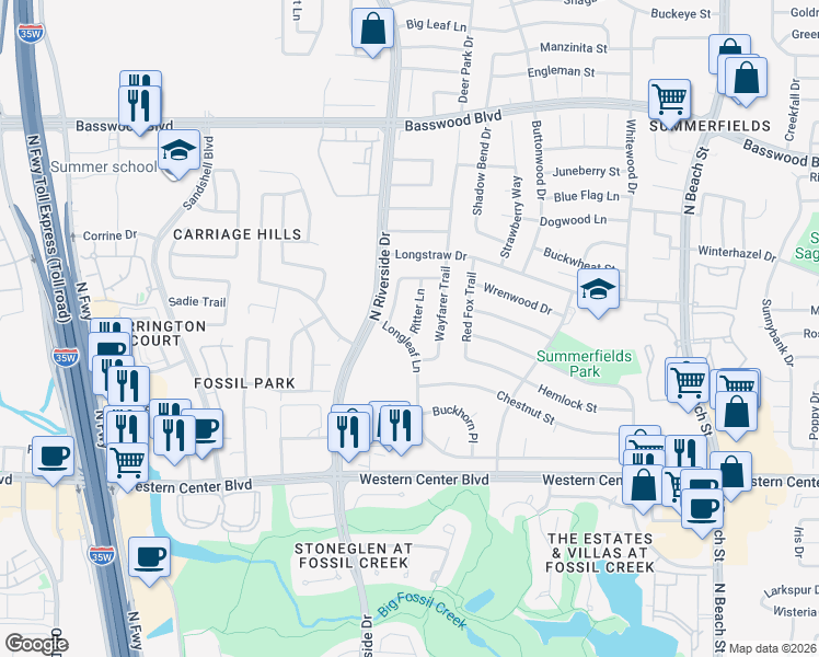 map of restaurants, bars, coffee shops, grocery stores, and more near 6817 Ritter Lane in Fort Worth