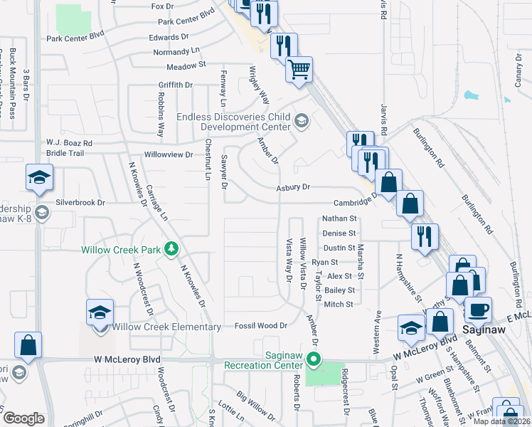 map of restaurants, bars, coffee shops, grocery stores, and more near 513 Cambridge Drive in Saginaw