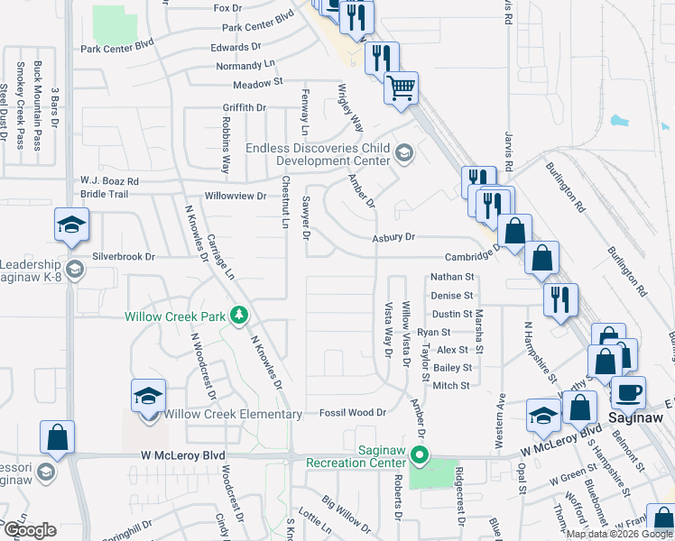 map of restaurants, bars, coffee shops, grocery stores, and more near 509 Buckstone Drive in Saginaw