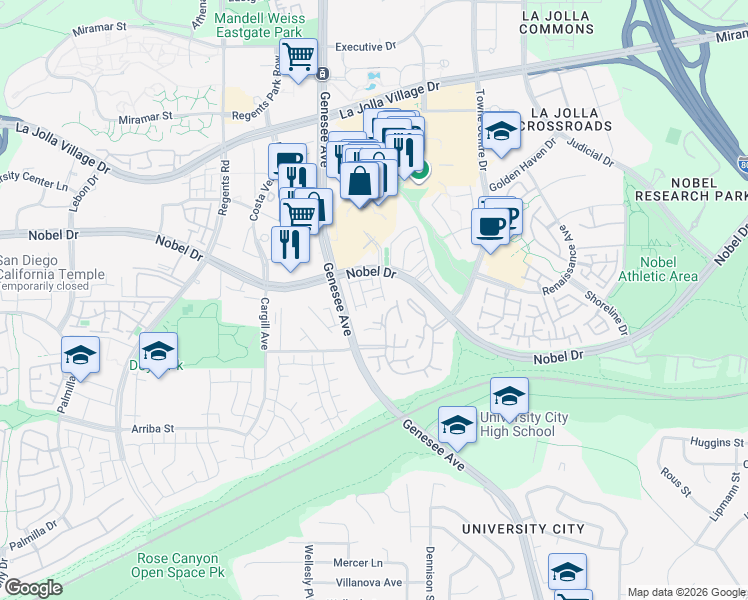 map of restaurants, bars, coffee shops, grocery stores, and more near 4385 Nobel Drive in San Diego
