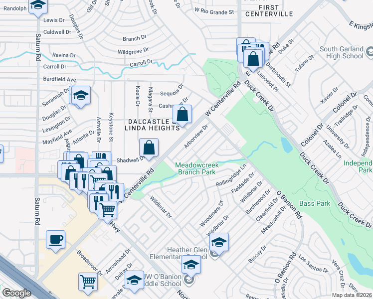 map of restaurants, bars, coffee shops, grocery stores, and more near 440 Arborview Drive in Garland