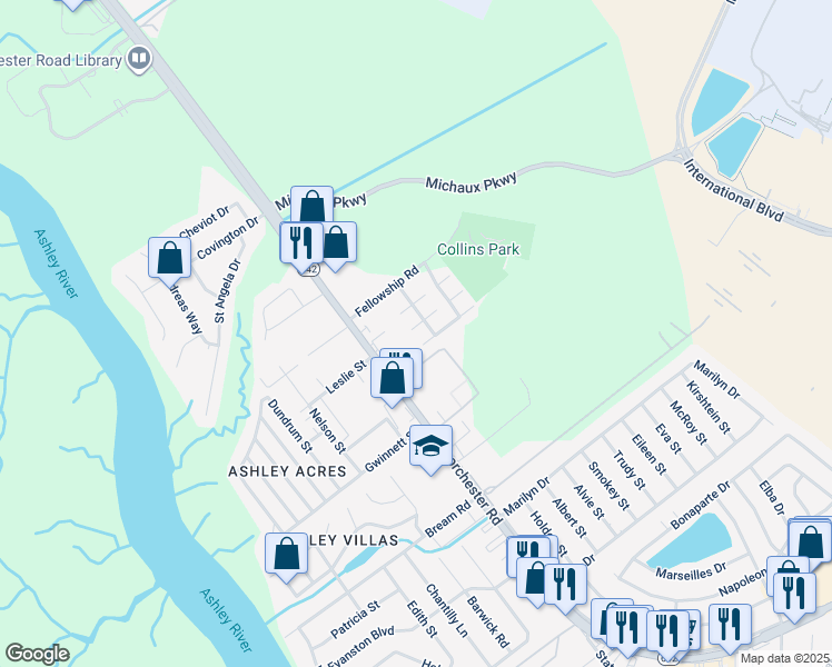 map of restaurants, bars, coffee shops, grocery stores, and more near 4253 Wales Court in North Charleston