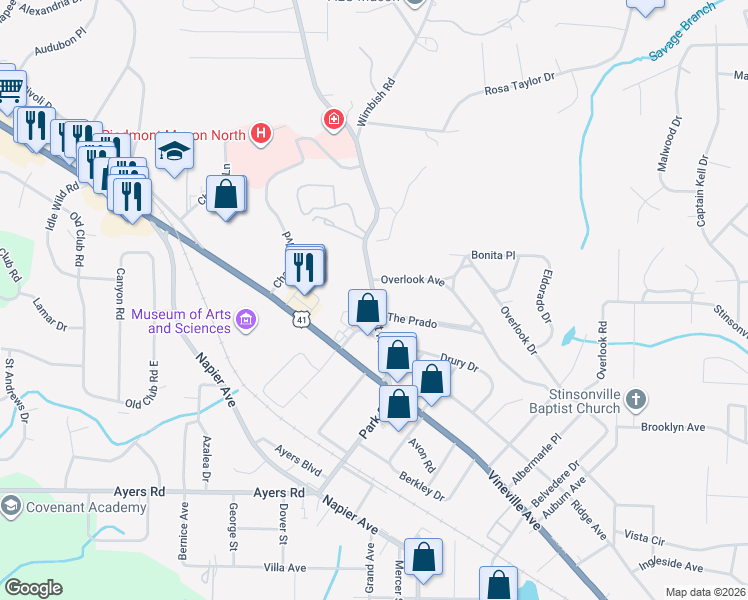 map of restaurants, bars, coffee shops, grocery stores, and more near 328 Forest Hill Road in Macon