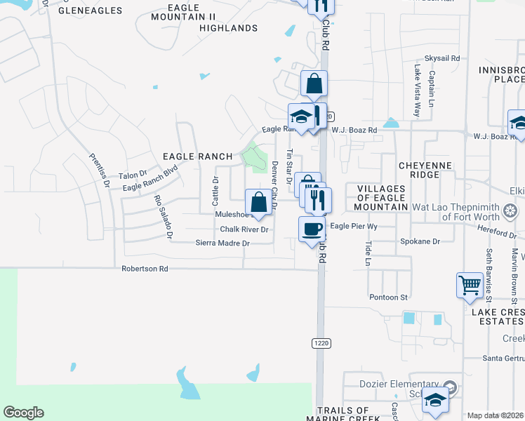 map of restaurants, bars, coffee shops, grocery stores, and more near 3212 Muleshoe Lane in Fort Worth