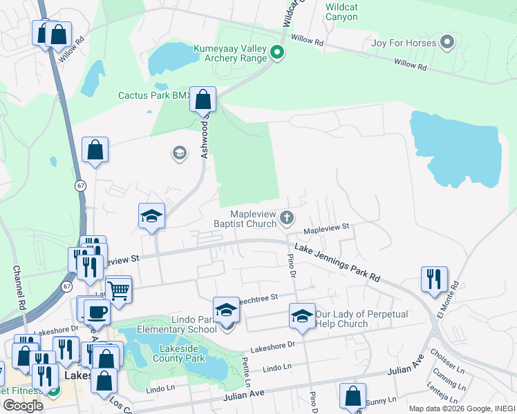 map of restaurants, bars, coffee shops, grocery stores, and more near 13128 Casa Grande Avenue in Lakeside