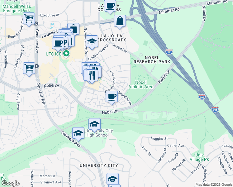 map of restaurants, bars, coffee shops, grocery stores, and more near 5323 Renaissance Avenue in San Diego