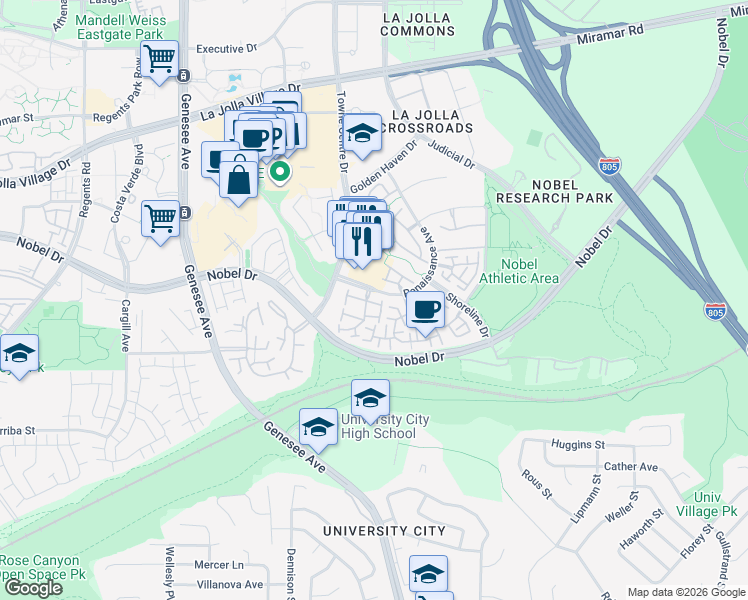 map of restaurants, bars, coffee shops, grocery stores, and more near 5166 Renaissance Avenue in San Diego