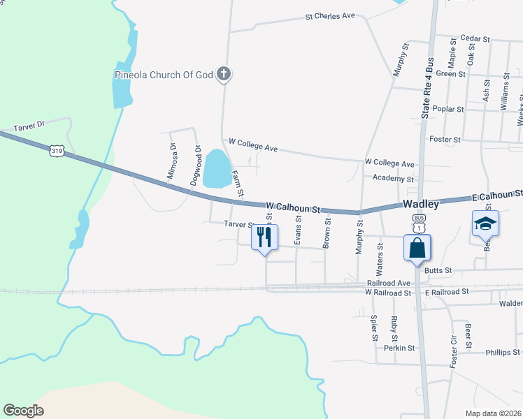 map of restaurants, bars, coffee shops, grocery stores, and more near 420 West Calhoun Street in Wadley