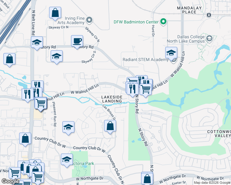 map of restaurants, bars, coffee shops, grocery stores, and more near 4420 Westminster Drive in Irving