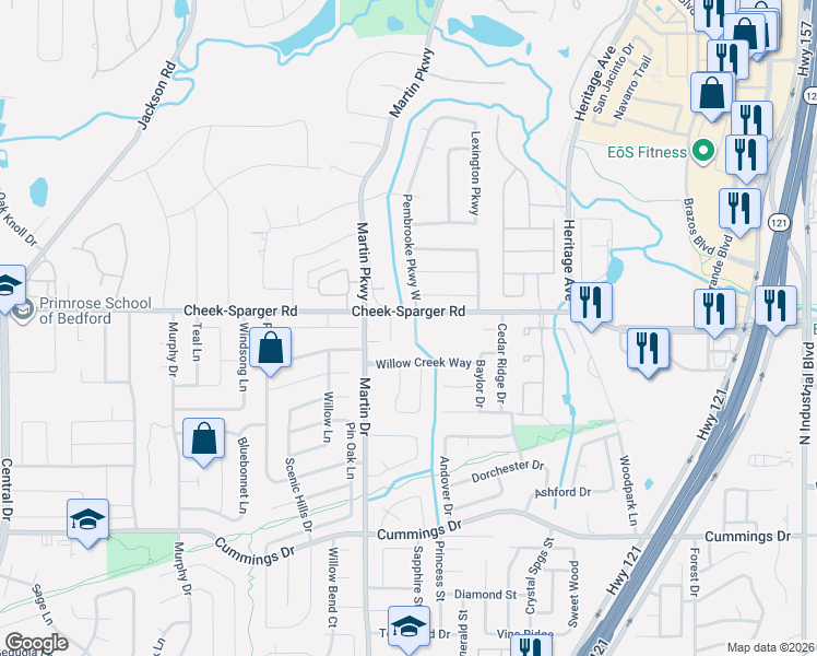 map of restaurants, bars, coffee shops, grocery stores, and more near 4021 Fairmont Court in Bedford