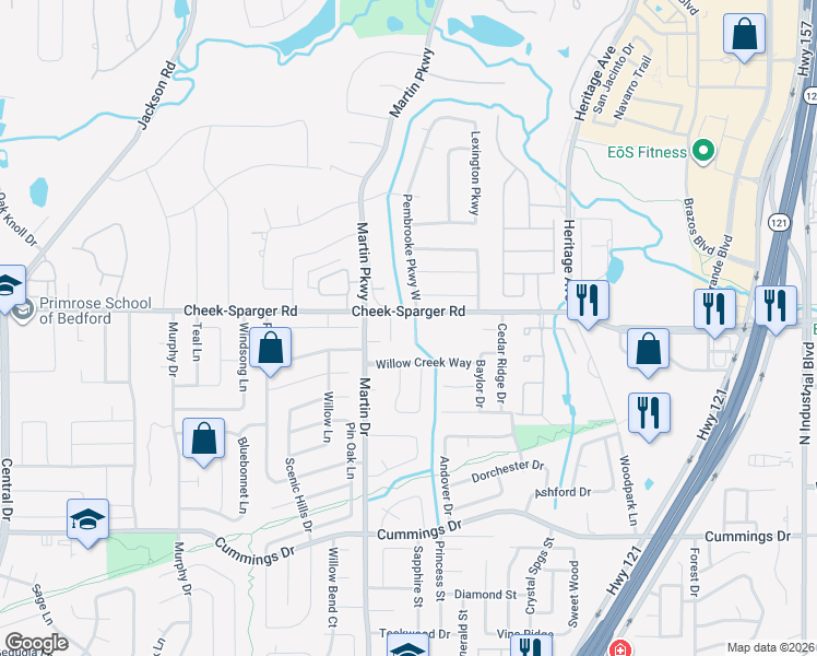 map of restaurants, bars, coffee shops, grocery stores, and more near 4032 Westmont Court in Bedford