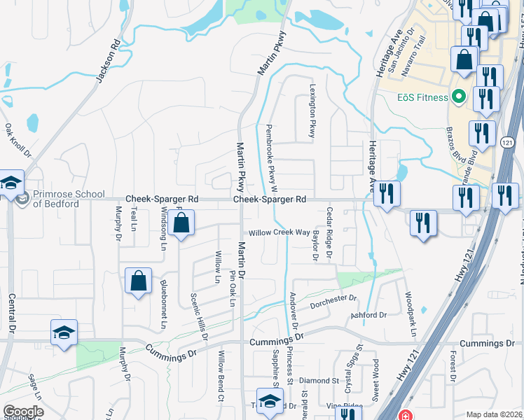 map of restaurants, bars, coffee shops, grocery stores, and more near 4032 Westmont Court in Bedford
