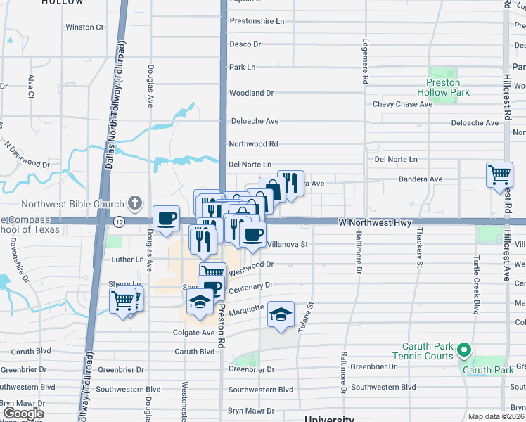 map of restaurants, bars, coffee shops, grocery stores, and more near 6126 Averill Way in Dallas