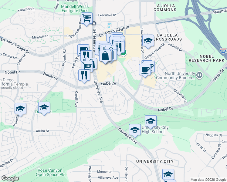 map of restaurants, bars, coffee shops, grocery stores, and more near 4435 Nobel Drive in San Diego