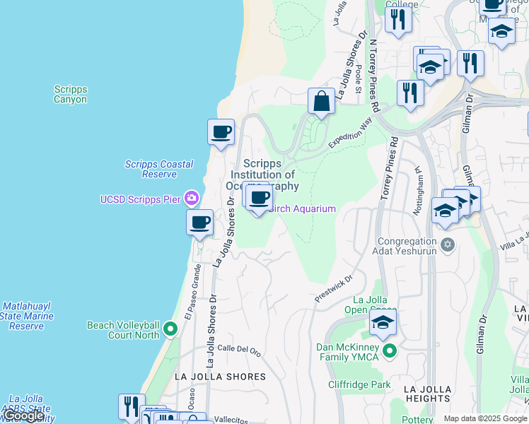 map of restaurants, bars, coffee shops, grocery stores, and more near 2300 Expedition Way in San Diego