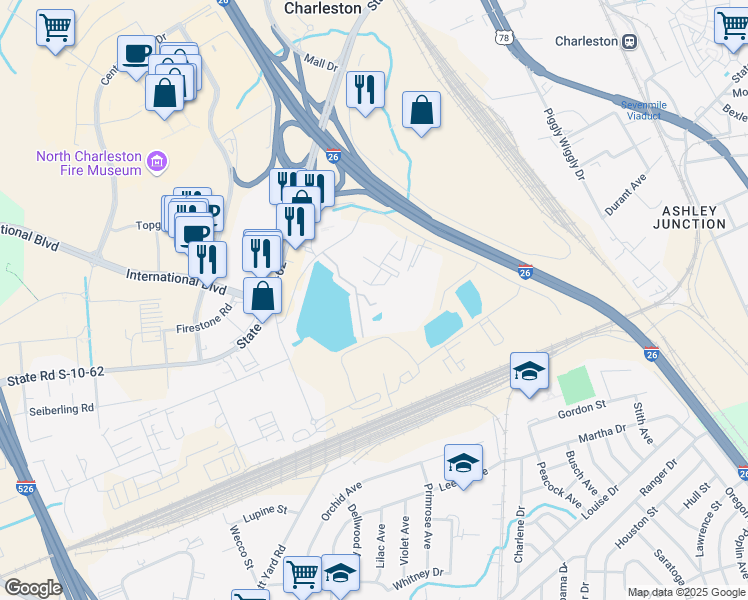 map of restaurants, bars, coffee shops, grocery stores, and more near 4936 Date Palm Drive in North Charleston