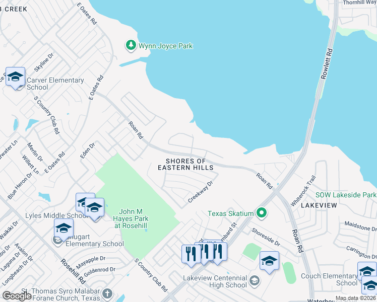 map of restaurants, bars, coffee shops, grocery stores, and more near 1533 Lakeland Park Drive in Garland