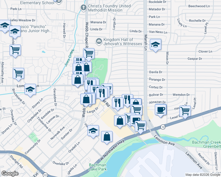 map of restaurants, bars, coffee shops, grocery stores, and more near 3512 Cortez Drive in Dallas