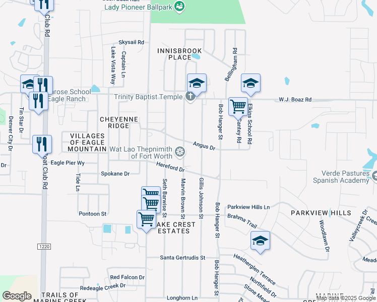 map of restaurants, bars, coffee shops, grocery stores, and more near 7131 Marvin Brown Street in Fort Worth