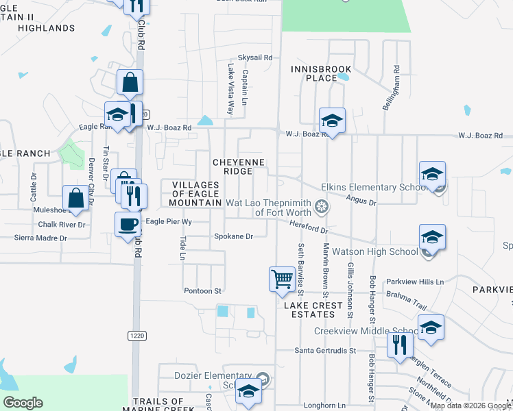 map of restaurants, bars, coffee shops, grocery stores, and more near 7129 Kickapoo Drive in Fort Worth