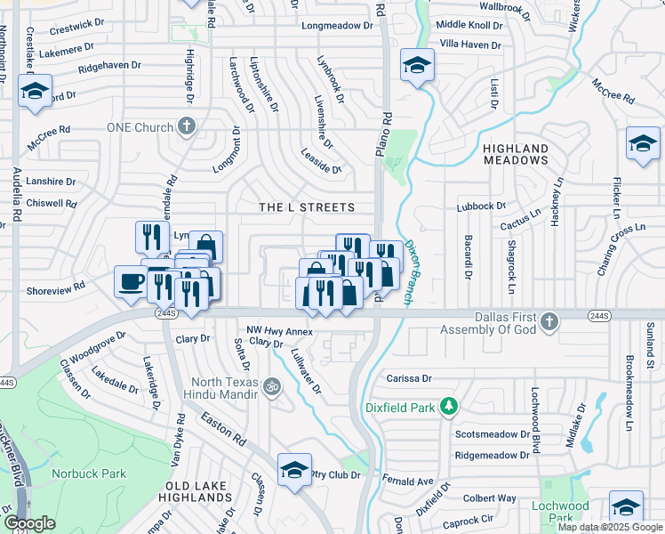 map of restaurants, bars, coffee shops, grocery stores, and more near 8605 Balintore Place in Dallas