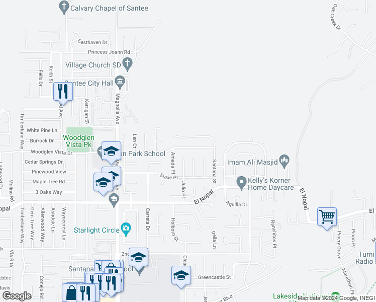 map of restaurants, bars, coffee shops, grocery stores, and more near 10749 Len Street in Santee