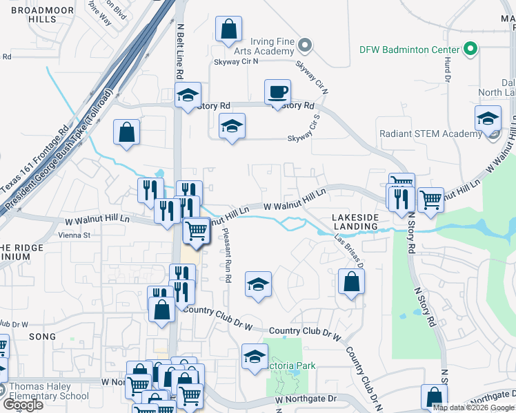 map of restaurants, bars, coffee shops, grocery stores, and more near 3006 West Walnut Hill Lane in Irving