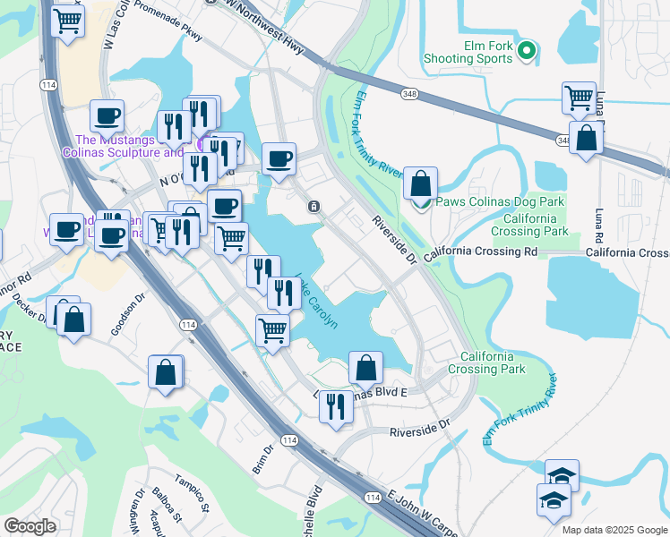 map of restaurants, bars, coffee shops, grocery stores, and more near 850 Lake Carolyn Parkway in Irving