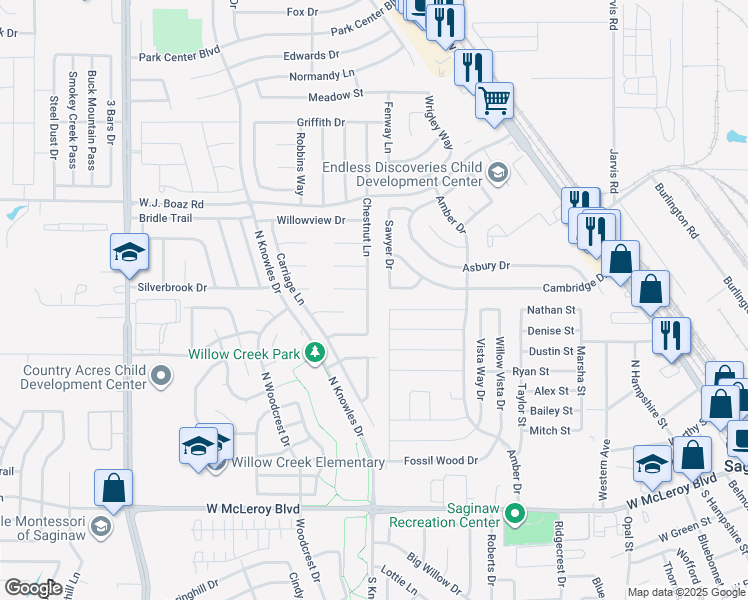 map of restaurants, bars, coffee shops, grocery stores, and more near 601 Sawyer Drive in Saginaw