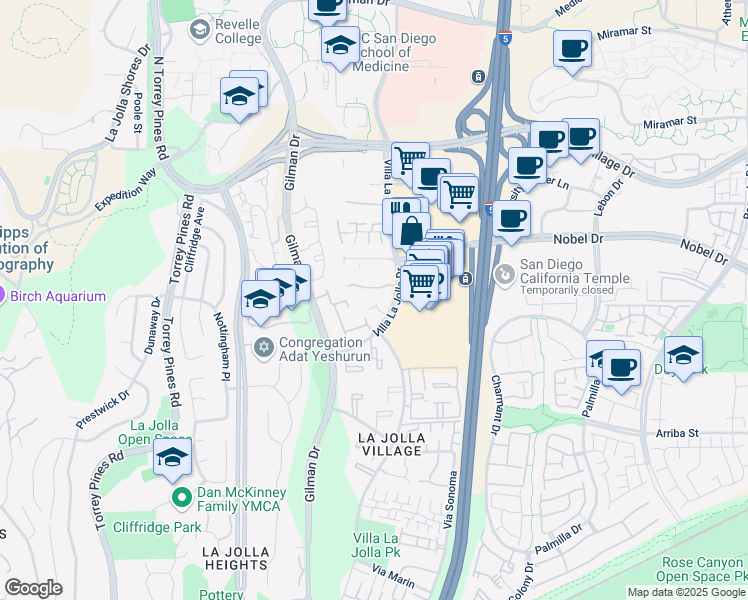 map of restaurants, bars, coffee shops, grocery stores, and more near 8642 Villa La Jolla Driveway in San Diego