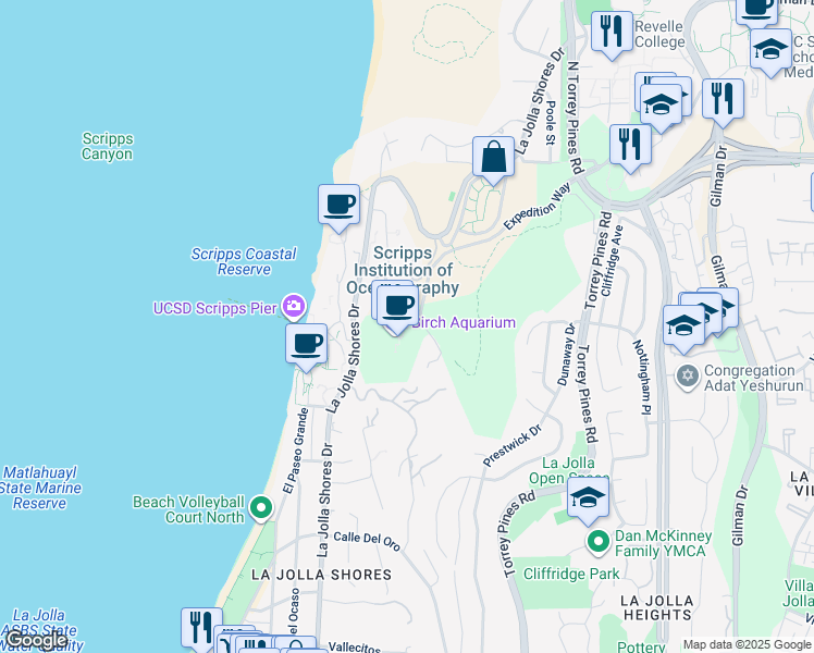 map of restaurants, bars, coffee shops, grocery stores, and more near Expedition Way in San Diego