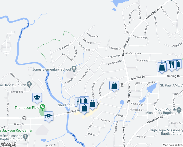 map of restaurants, bars, coffee shops, grocery stores, and more near 2492 Tredway Drive in Macon